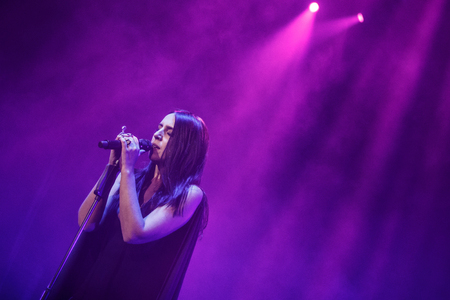 KYIV, UKRAINE - DECEMBER 5: The famous Ukrainian singer Jamala sings with eyes closed presenting her new album "Podykh" (Breath), 5 December 2016, International Center of Culture and Arts (October Palace)のeditorial素材