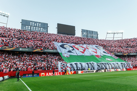 SEVILLA, SPAIN - MAY 5: Sevilla FC fans showing huge banner "All in Sevilla FC" during the UEFA Europa League second leg semi-finals match between FC Shakhtar Donetsk vs Sevilla FC, 5 May 2016, Ramon Sanchez Pizjuan, Spainのeditorial素材
