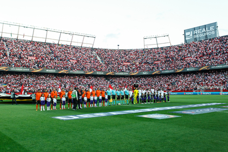 SEVILLA, SPAIN - MAY 5: teams staying at line on the background of the stadium panoramic view during the UEFA Europa League second leg semi-finals match between FC Shakhtar Donetsk vs Sevilla FC, 5 May 2016, Ramon Sanchez Pizjuan, Spainのeditorial素材