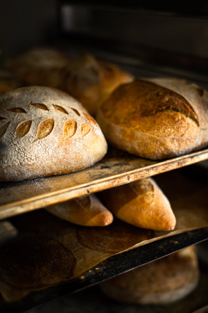 Lots of wheat bread on a steel table in a bakery
