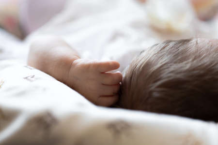 Hand and head of a baby sleeping in a cribの写真素材