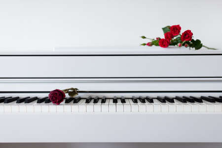 A bouquet of flowers lies on the piano with the keys open. Learning music, gratitude.の写真素材