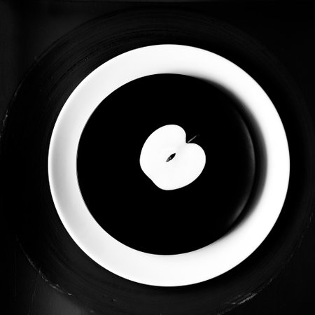 Apple on black and white plates on a dark background. Black and white photo. Silhouette and contrast.の写真素材