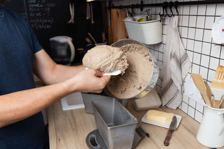 The process of making rye bread. Dough on rye bread before dividing. Front view.の写真素材
