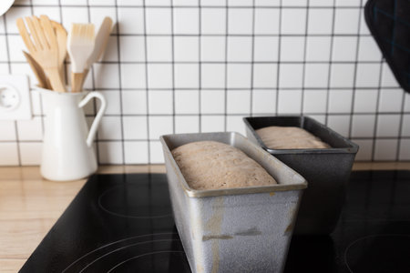 The process of making rye bread. The dough on the rye bread is laid out in a mold. End of dough...