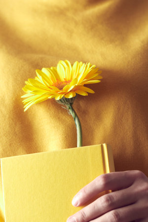 A yellow book with a flower bookmarked in the hands of a woman on a yellow sweater background. Front view.の写真素材