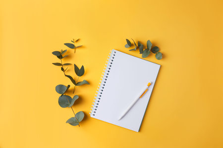 Eucalyptus leaves and a notebook with a pencil on a yellow background. Top view. Flat lay. Place for text, copy space.の写真素材