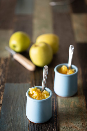 Homemade yogurt with apple jam. Front view.の写真素材