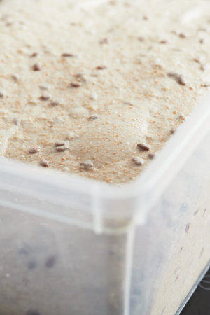 Dough in a container. Bread with flax seeds. The concept of healthy whole grain bread with cereals. Vertical photo.の写真素材