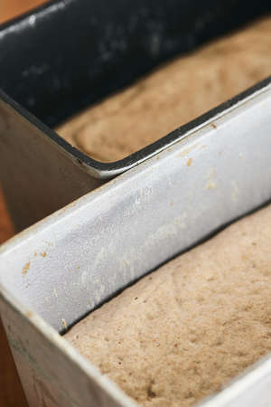 The process of making rye bread. The dough on the rye bread is laid out in a mold. Vertical photo.の写真素材