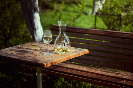 Glass and decanter with white wine on a table in the garden. A spring evening surrounded by nature. Front view.の写真素材