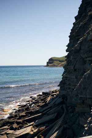 The sea and rocks on the south coast. Crimea, a landscape on a sunny day. Vertical photo.