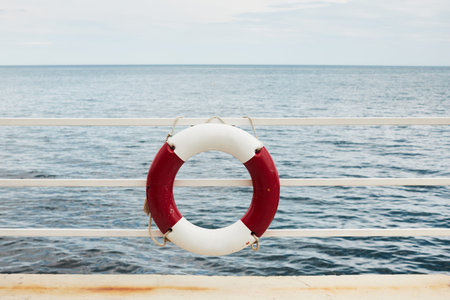 Black Sea embankment with life buoys. Front view.の写真素材