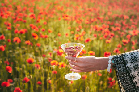 Strawberries in a glass against a field of poppies in the setting sun. Front view.の写真素材