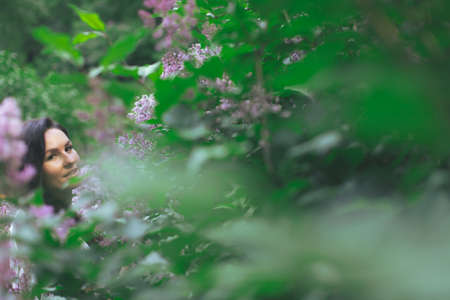 Portrait of an attractive woman surrounded by lilac bushes. Spring and summer, seasonal photos. Front view.の写真素材