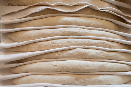 The process of making traditional French baguettes in a craft bakery. Proofing bread on fabric. Front view.の写真素材