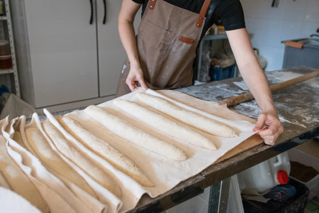 The process of making traditional French baguettes in a craft bakery. Proofing bread on fabric....