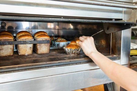The baker measures the temperature inside the brioche to determine the readiness of the bread. Front view.の写真素材
