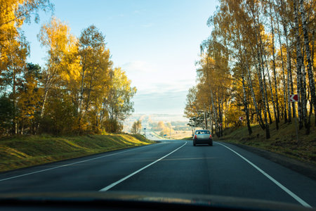 Autumn road landscape. Photo from the car at the turn of the road. Front view.