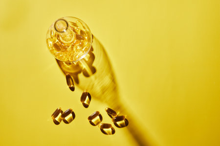 Omega-3 fatty acid capsules on a blue background in a flask. The concept of medicine and healthy living. Front view.の写真素材