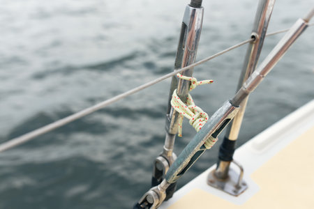 Yacht accessories, rope on the metal rope of the boat. Front view.の写真素材