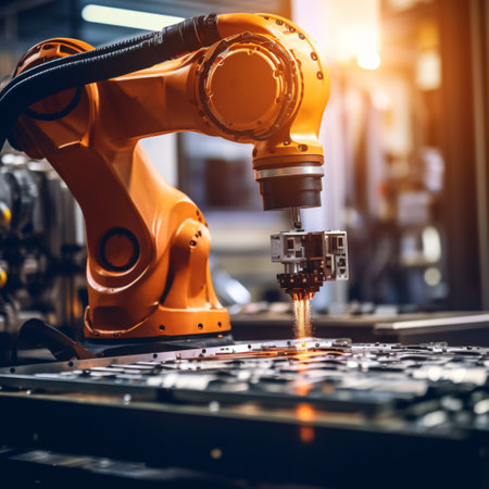 the power of automation with a high-speed image of robotic arms assembling products in a manufacturing facilityの素材