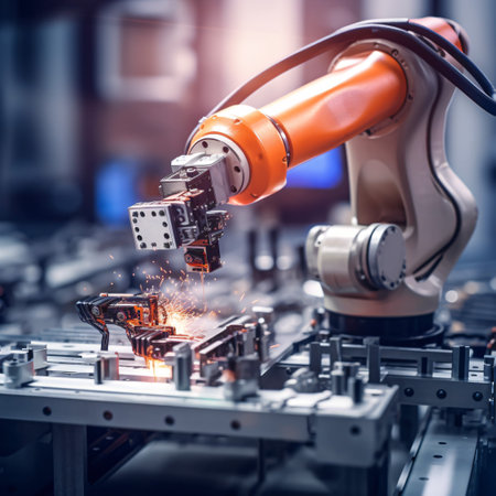 the power of automation with a high-speed image of robotic arms assembling products in a manufacturing facilityの素材