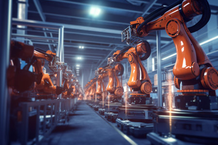 the power of automation with a high-speed image of robotic arms assembling products in a manufacturing facilityの素材