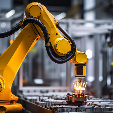 the power of automation with a high-speed image of robotic arms assembling products in a manufacturing facilityの素材