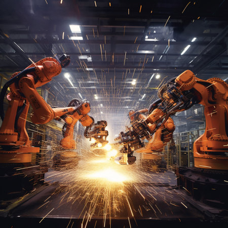 the power of automation with a high-speed image of robotic arms assembling products in a manufacturing facilityの素材