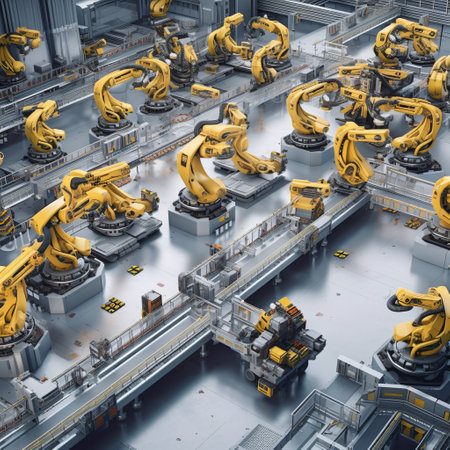 the power of automation with a high-speed image of robotic arms assembling products in a manufacturing facilityの素材