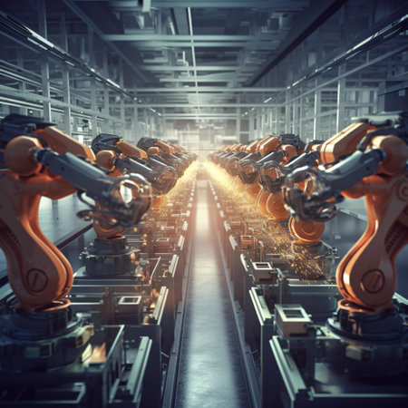 the power of automation with a high-speed image of robotic arms assembling products in a manufacturing facilityの素材