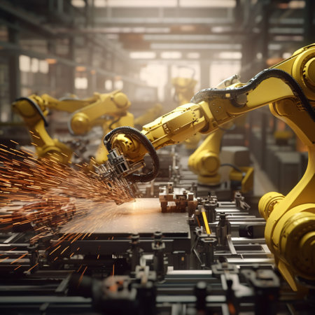 the power of automation with a high-speed image of robotic arms assembling products in a manufacturing facilityの素材