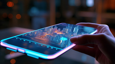 a futuristic smartphone with minimalistic aesthetics, highlighting its advanced technology and user-friendly interfaceの素材