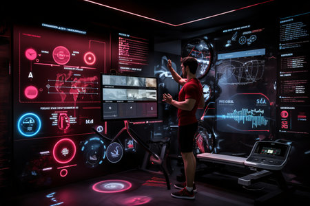 Side view of sportswoman running on treadmill in dark room with virtual screensの素材