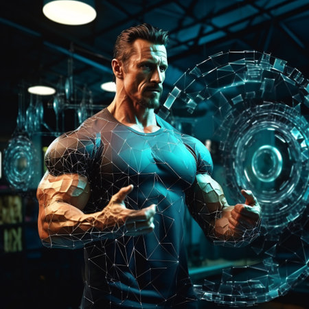 Portrait of a strong muscular man in the gym. Mixed mediaの素材