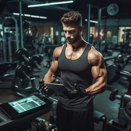 Handsome young muscular Caucasian man working out training in the gym gaining weight pumping up muscles and poses fitness and bodybuilding conceptの素材