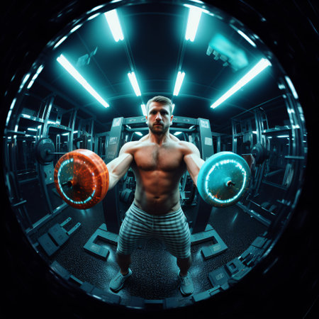 Athletic man lifting weights in a gym. Mixed mediaの素材