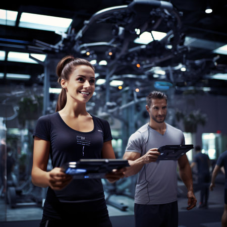fitness, sport, training, gym and lifestyle concept - smiling woman with tablet pc computer in gymの素材