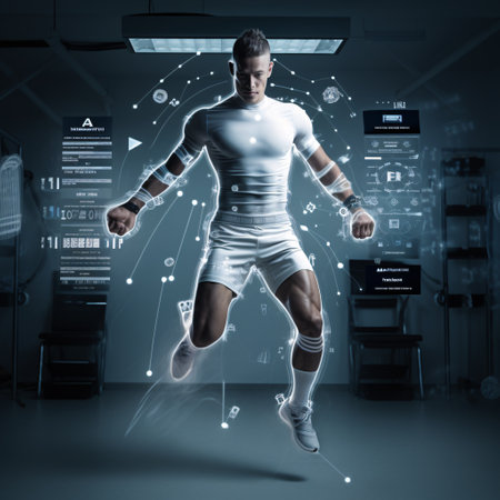 Football or soccer player in action on virtual screen. 3D renderingの素材