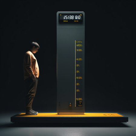young man standing on weight scale on dark background, 3d renderingの素材