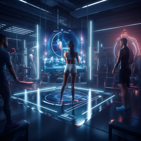 Sporty woman in sportswear standing in front of a virtual screen.の素材