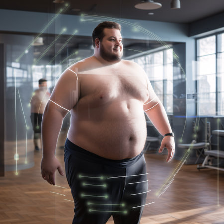 Fat man in sportswear standing in modern fitness studio with virtual projectionの素材
