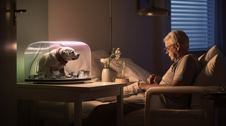 Senior man in bed with his dog in a glass aquarium at nightの素材