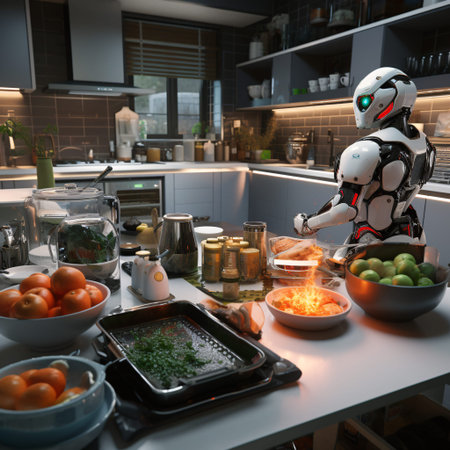 Robot cooking in the kitchen. 3d render. Robot in the kitchen.の素材