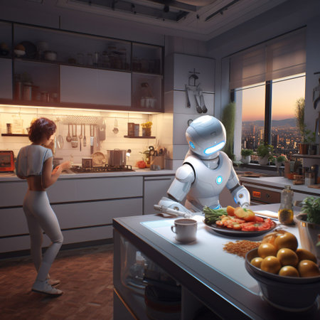 Robot in the kitchen. 3D rendering. Robot in the kitchen.の素材