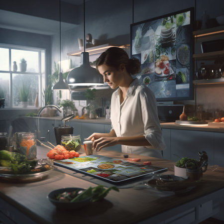 Young woman preparing delicious and healthy food in the kitchen at home.の素材