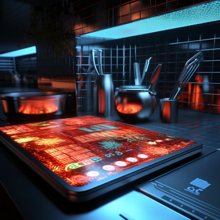 3d rendering of a tablet in a dark room with electronic equipmentの素材