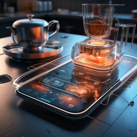 3d rendering of a smartphone with a coffee maker on a tableの素材