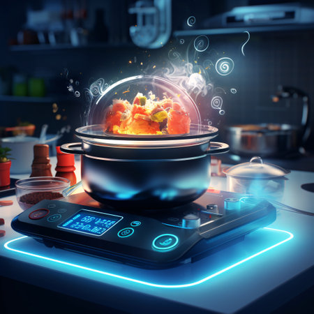 Healthy food in pot on electronic kitchen scales. 3d renderingの素材